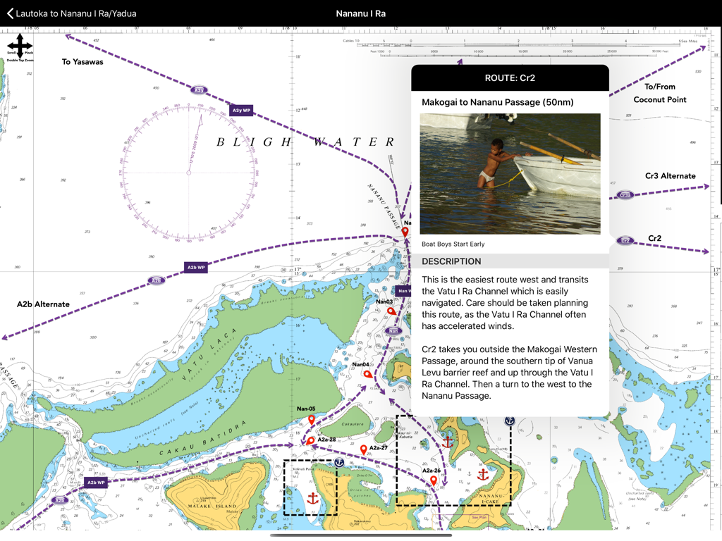 Nautical chart showing sailing routes and waypoint descriptions in the Sail Fiji Cruising Guide app