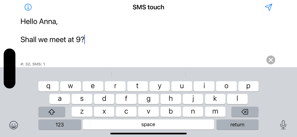 SMS touch - SMS touch app interface in landscape mode showing a text message draft with the keyboard visible