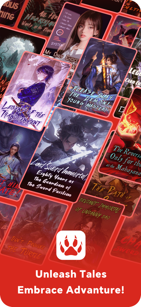 PawRead - Read Fantasy Novels - Un collage que muestra varias portadas de novelas web de fantasía en la aplicación PawRead