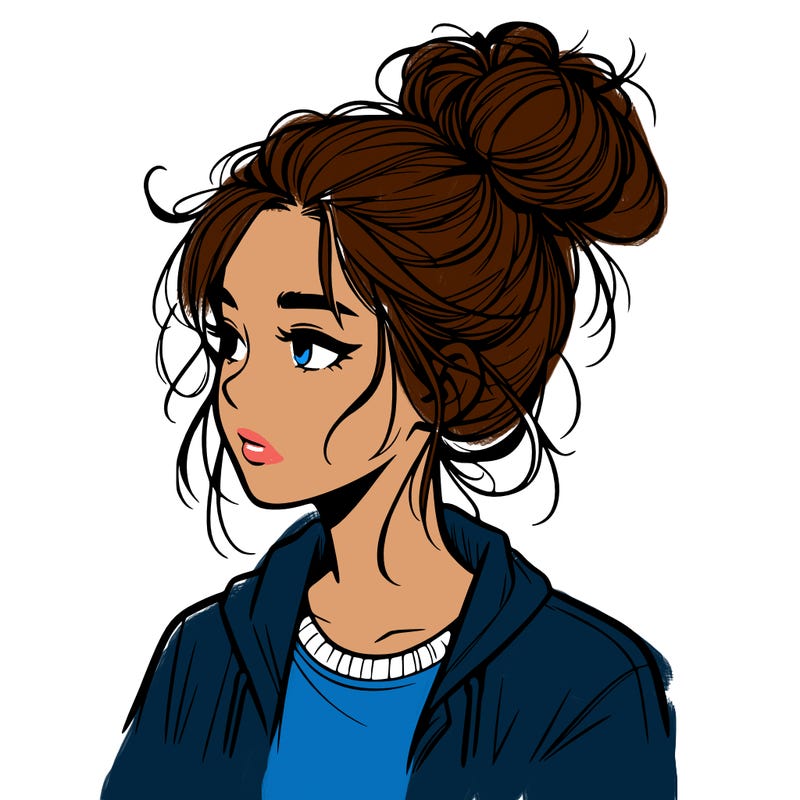 realistic teenage girl with a messy bun