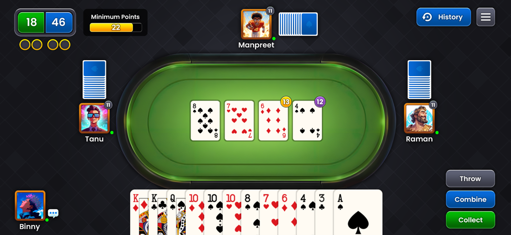 Seep King - Strategic multiplayer gameplay in Seep King showing four players at a virtual card table