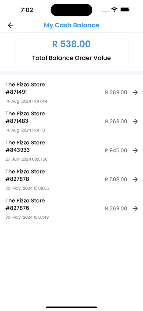Bzaar Driver - Bzaar Driver app My Cash Balance screen showing total balance and order transaction history