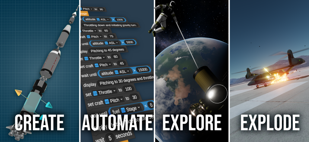 Juno: New Origins - Four panels demonstrating rocket creation, visual programming with Vizzy, space exploration, and vehicle explosions in Juno New Origins.