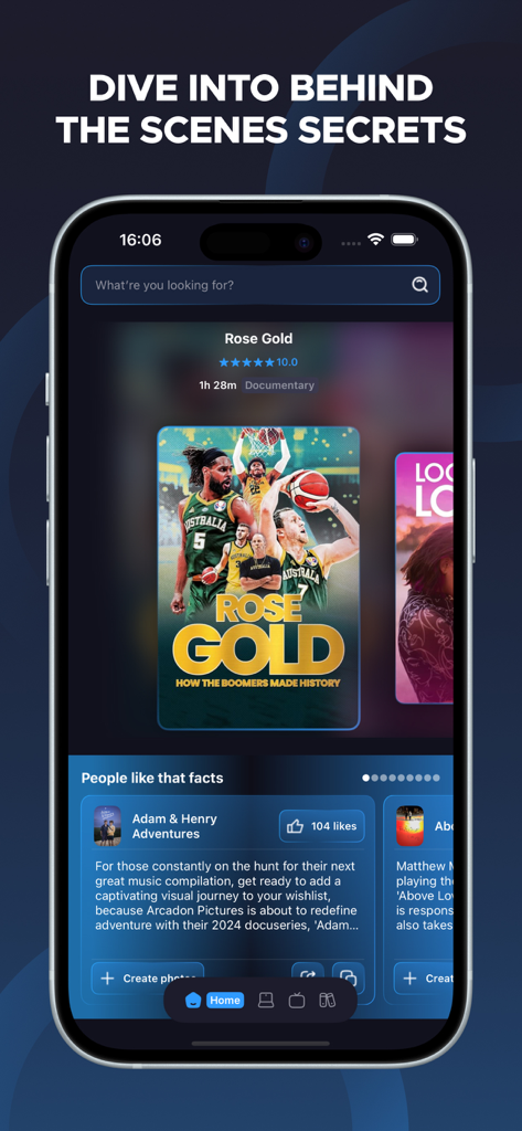 Magis TV & Movie Facts - Interface do aplicativo Magis TV e Fatos sobre Filmes com cartões de curiosidades de filmes e segredos dos bastidores