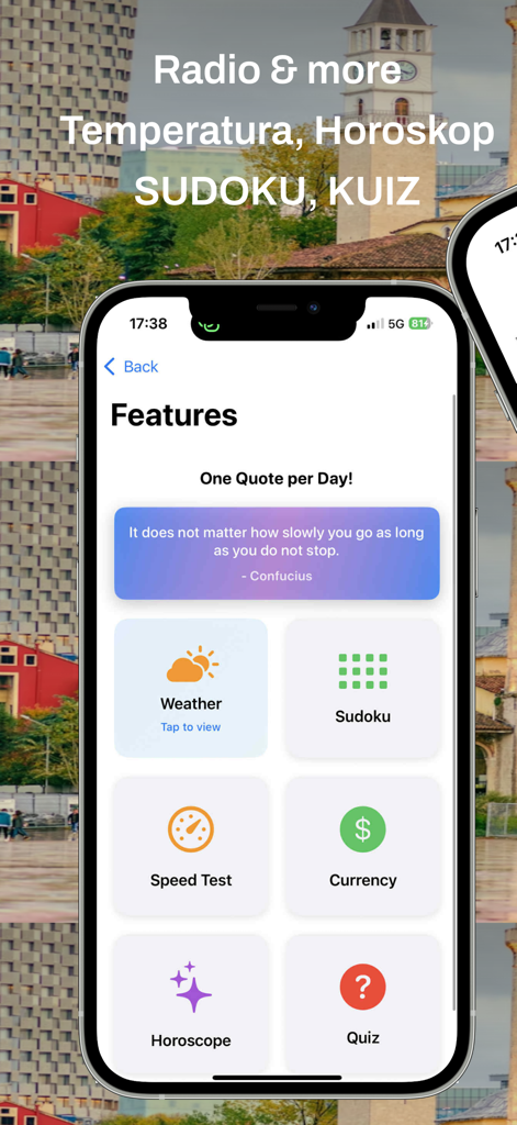 Radio Shqip Live - Interface of the Radio Shqip Live app showing extra features including weather, horoscope, sudoku, and a daily quote.