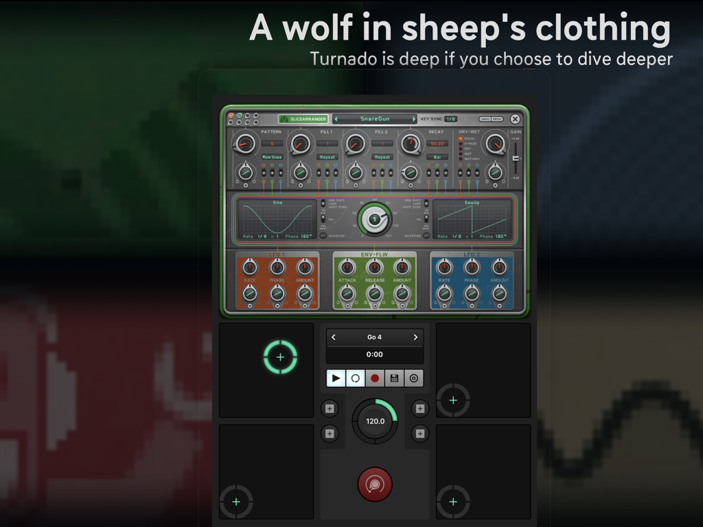 Sugar Bytes Turnado iPad app interface showing the SliceArranger effect with knobs, LFOs, and XY pads