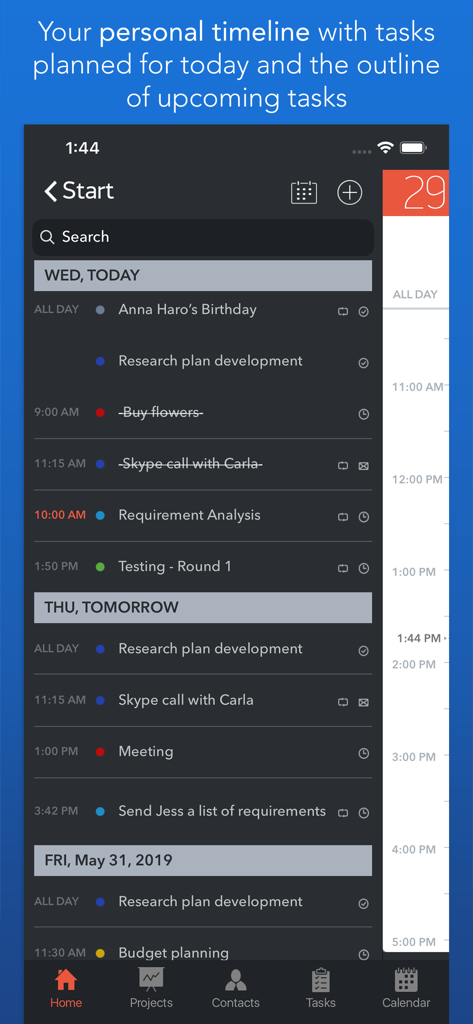 Task Office lite: to-do list - Línea de tiempo personal de la aplicación Task Office lite que muestra tareas diarias y próximos hitos del proyecto.
