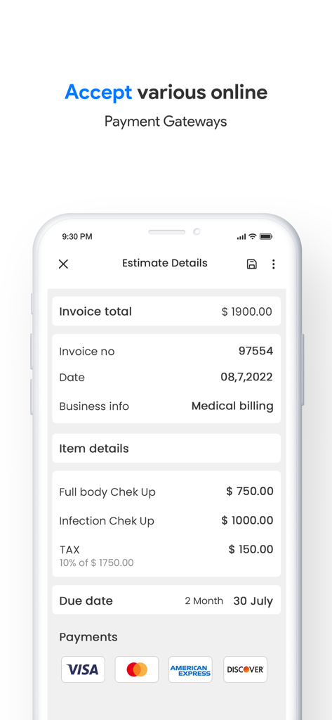 見積もり詳細と支払いゲートウェイオプションを表示する請求書アプリの画面