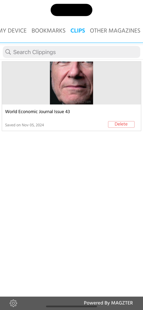 World Economic Journal Mag - Screenshot of the clips section in the World Economic Journal app showing a saved magazine issue