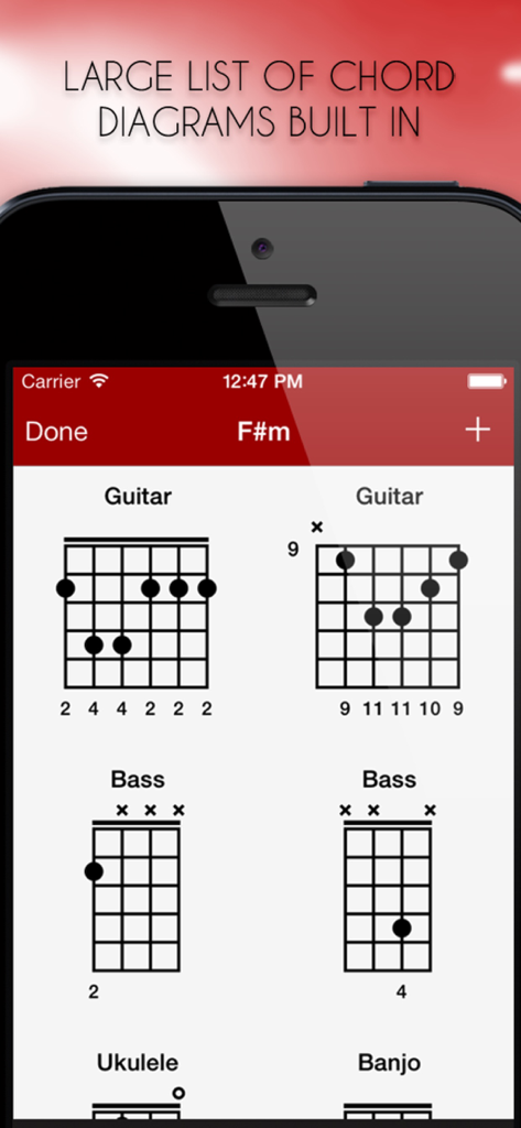 MySongbook - Lyrics and chords - Diagramas de acordes para guitarra, baixo, ukulele e banjo no aplicativo MySongbook.
