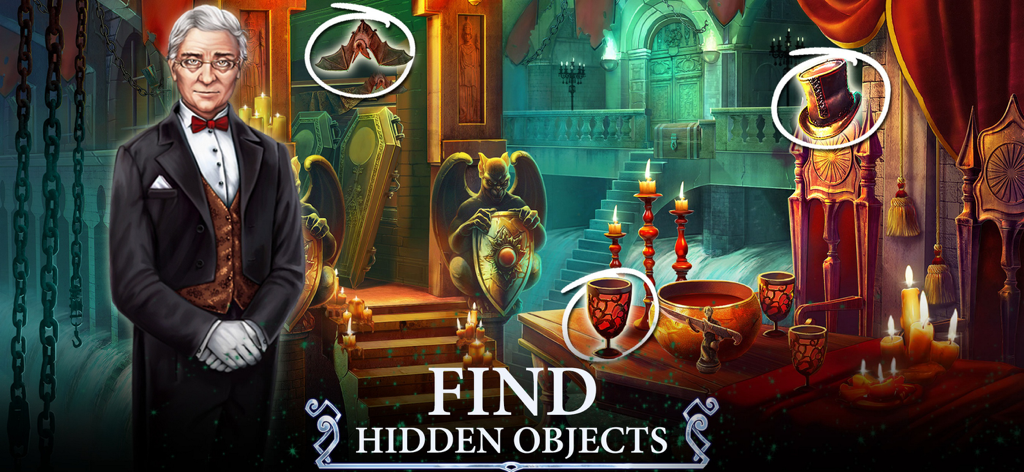 Hidden Objects: Twilight Town - Una scena di puzzle di oggetti nascosti in Twilight Town con interni gotici ed elementi misteriosi evidenziati