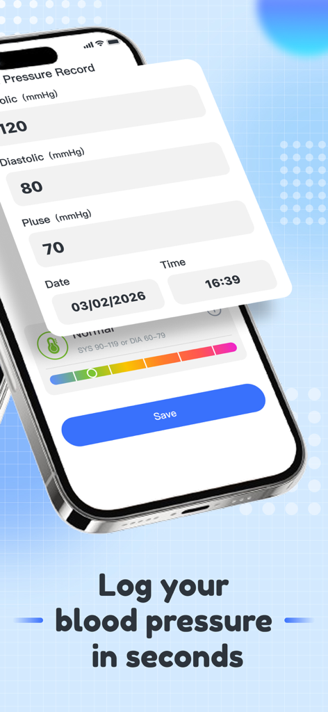BP Easy Log - Interface of the BP Easy Log app showing fields to record systolic and diastolic blood pressure