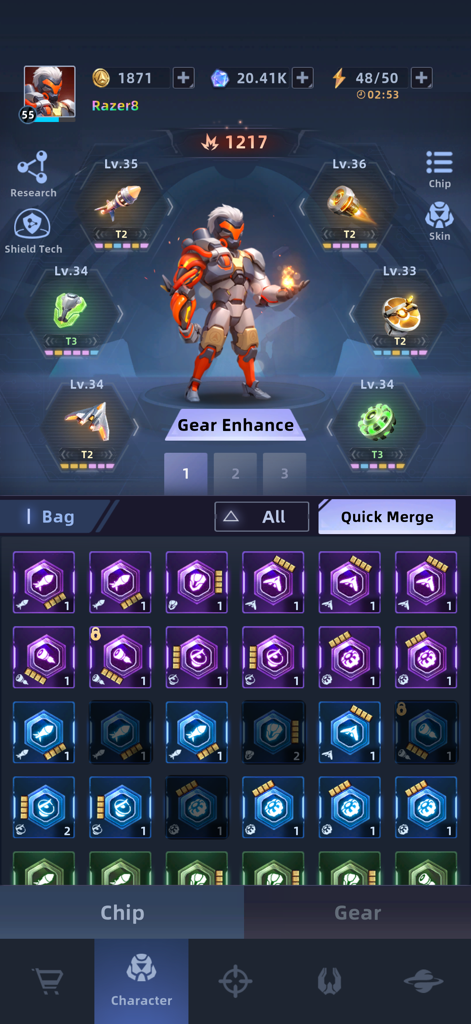 Space Outpost: Drone War - Pantalla de personalización de personajes e inventario que muestra equipo de comandante blindado y chips de mejora en Space Outpost Drone War