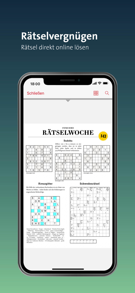 Ein mobiler Smartphone-Bildschirm mit interaktiven Sudoku- und Kreuzworträtseln in der LKZ e-paper App.