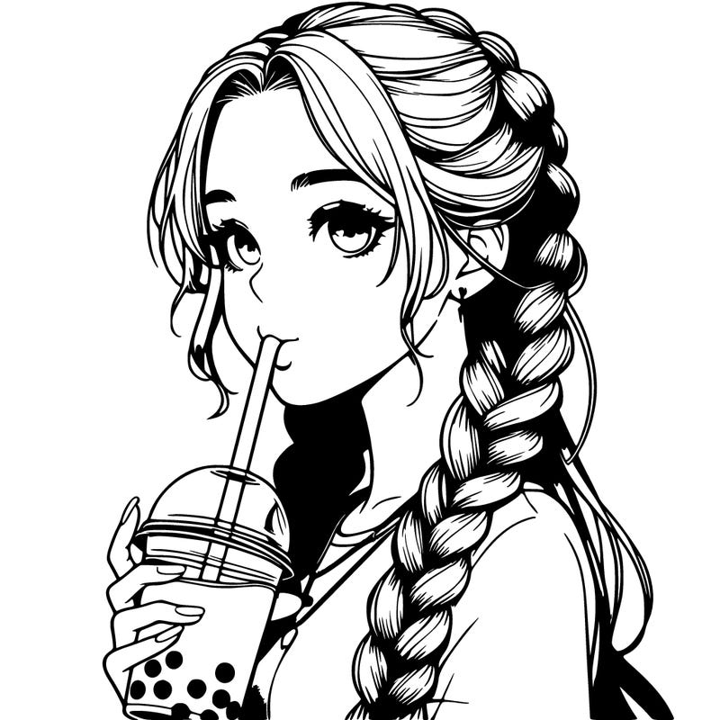 realistic girl with braided hair drinking boba