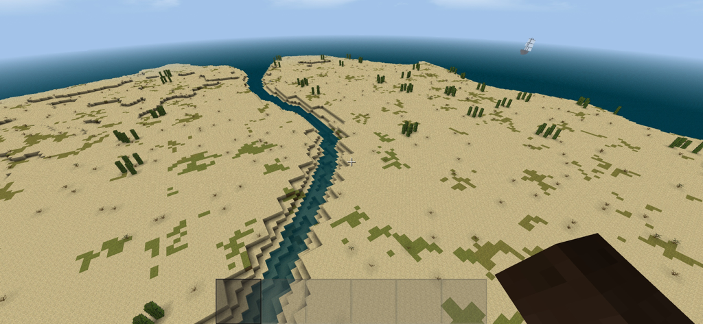 Survivalcraft 2 Day One - Vista aerea di un paesaggio desertico a blocchi con un fiume e una nave in lontananza