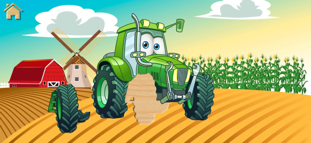 Car Puzzle for Toddlers & Kids - Un rompecabezas de tractor verde para niños pequeños en un entorno de granja de dibujos animados con un granero y un molino de viento