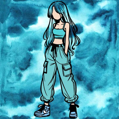 girl in baggy pants crop top and long hair