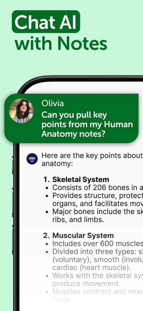 Smart Noter app interface showing AI chat feature summarizing human anatomy notes