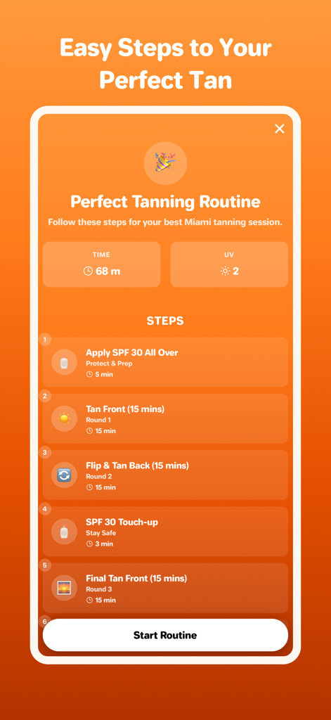 Sunny Pal - Schermata dell'app Sunny Pal che mostra una routine di abbronzatura personalizzata passo dopo passo