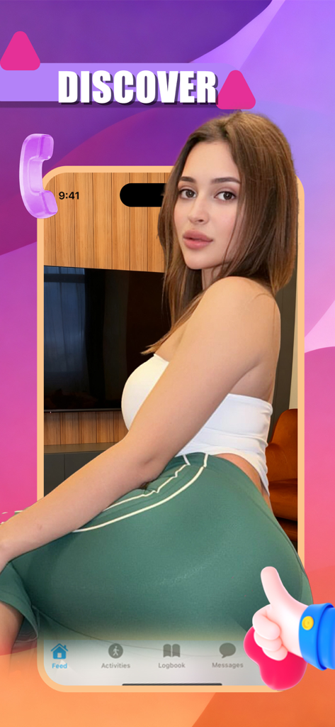 A mobile screen showing the discover feature of the Miniy app with a female profile in athletic wear