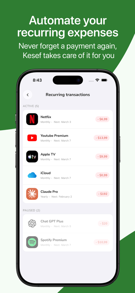 Kesef: Expense Tracker - Tela do aplicativo Kesef gerenciando transações recorrentes e assinaturas ativas