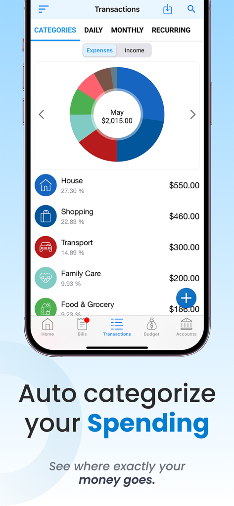 Interfaz de la aplicación TimelyBills que muestra un gráfico circular y una lista de gastos mensuales categorizados por compras para el hogar y transporte