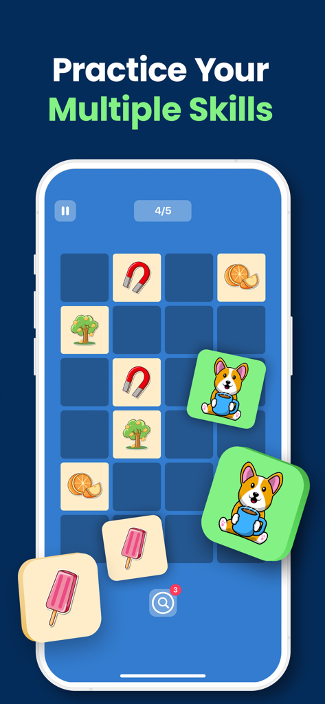 Brain AI: Mind Training Games - Brain AI app interface featuring a memory matching puzzle game for cognitive training