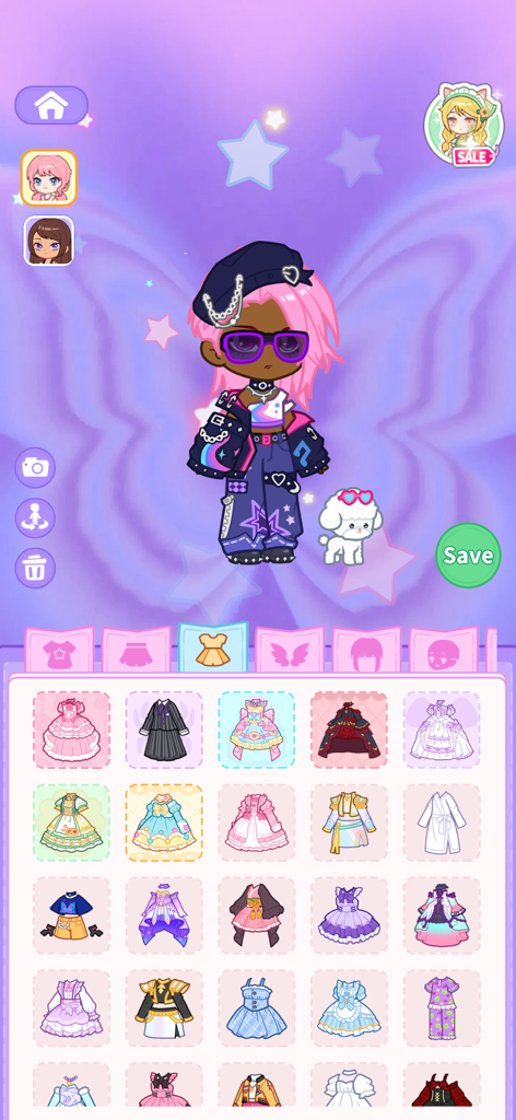 A character customization screen in Pocket Life showing a pink haired avatar with a pet poodle and many outfit options
