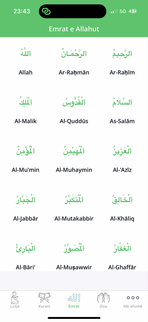Kurani ne Shqip - A list of the 99 Names of Allah in Arabic and transliteration within the Kurani ne Shqip mobile app