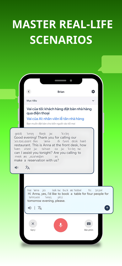 Dot Speak: Your English Coach - Interface do aplicativo de aprendizado de inglês mostrando role-play de IA para prática de reserva em restaurante.