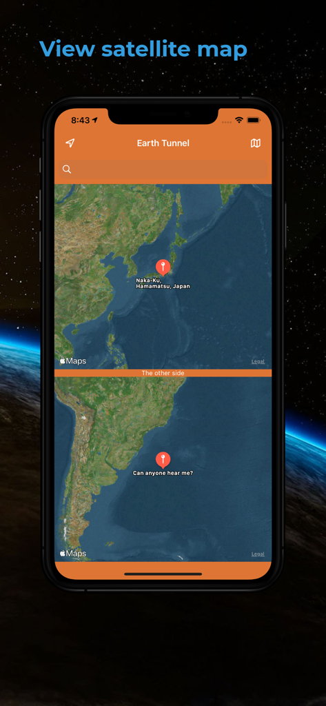 Earth Tunnel - A split screen satellite map in the Earth Tunnel app showing a location in Japan and its opposite side of the world in the ocean.