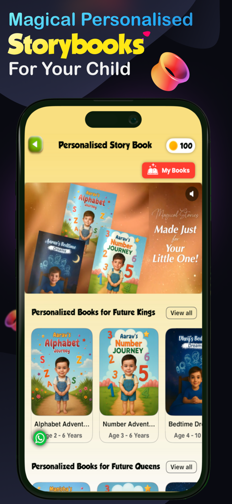 Bedtime Stories for Kids Kiddo - Pantalla de una aplicación móvil que muestra libros de cuentos digitales personalizados para niños con nombres y fotos personalizados en las portadas.