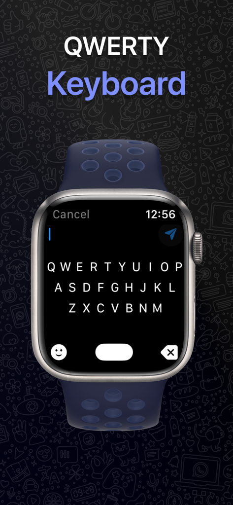 A full QWERTY keyboard interface on an Apple Watch screen for messaging.