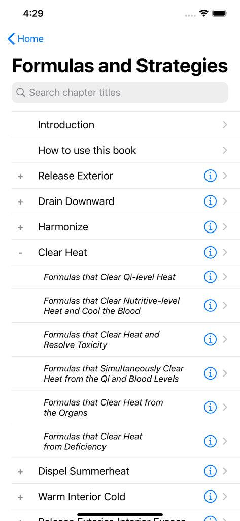 Eastland Herb–Chinese Medicine - Elenco di categorie e capitoli di formule di medicina cinese nell'app Eastland Herb