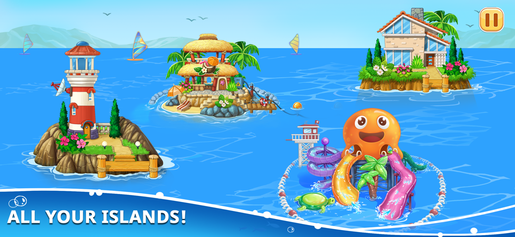 A colorful cartoon display of multiple islands with a lighthouse, beach hut, house, and water park in the Ship Building Games Build Boat app