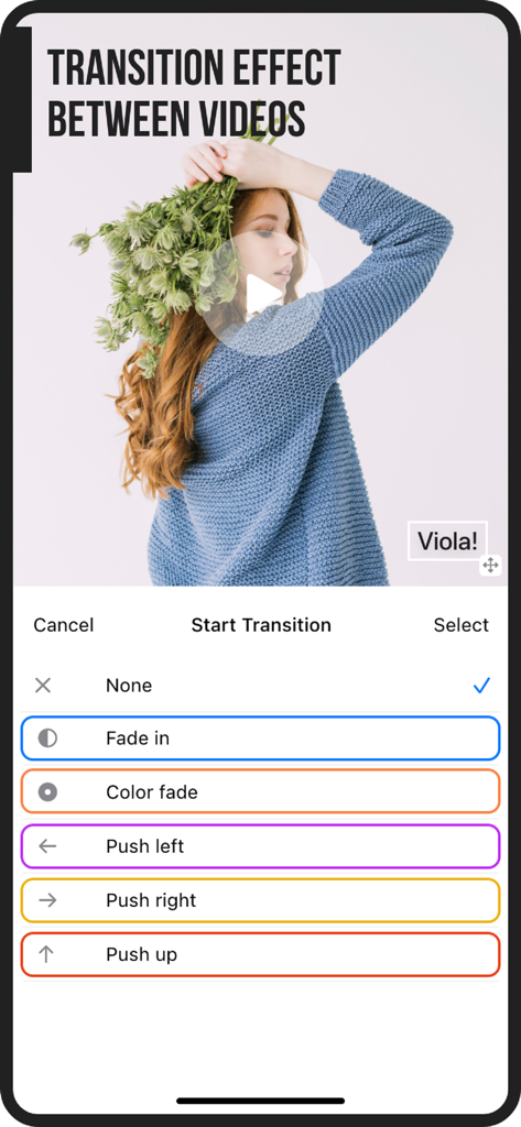 Add Music to Video :cut editor - Interface of a video editor app showing a selection of transition effects like Fade in and Push left.