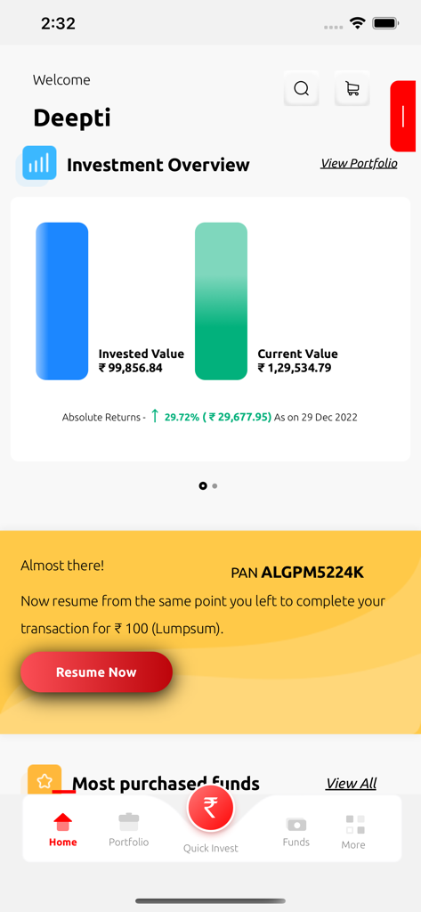 Nippon India Mutual Fund - Dashboard dell'app Nippon India Mutual Fund che mostra la panoramica degli investimenti e le prestazioni del portafoglio