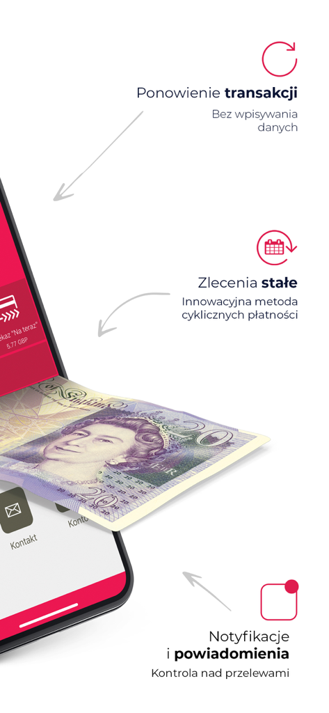 Sami Swoi Przekazy Pieniężne - Sami Swoi app features highlighting recurring payments and notifications for GBP to PLN transfers.