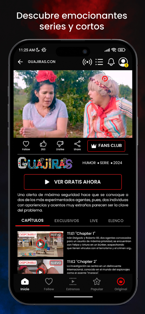 PRONYR TV - Captura de tela do aplicativo PRONYR TV mostrando um player de vídeo para a série Guajiras com opções para assistir gratuitamente e entrar em um clube de fãs.
