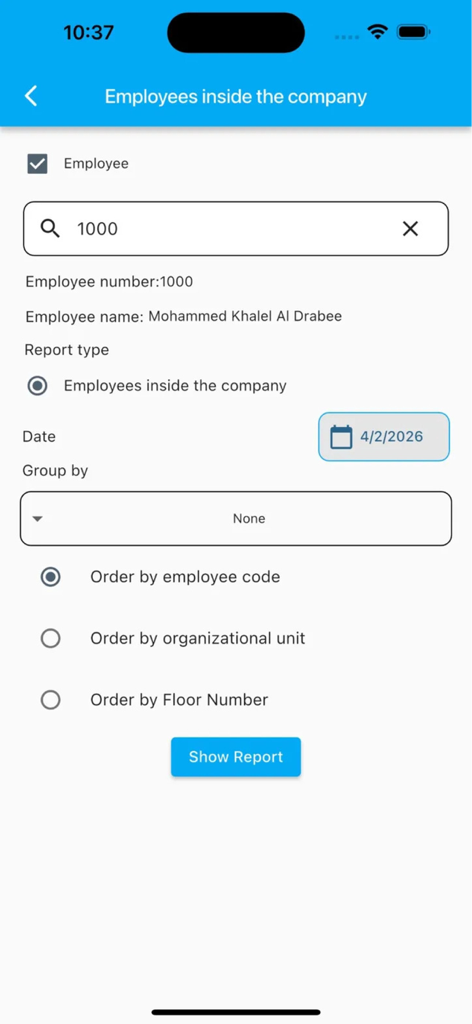 VOLT-HRMS - Employee report generation screen in the VOLT-HRMS mobile app showing search and filter options