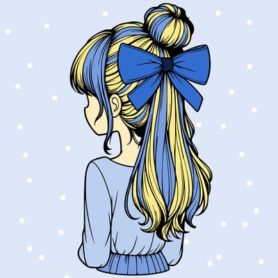 realistic girl  with hip length hair a bun and a big bow on the back of head