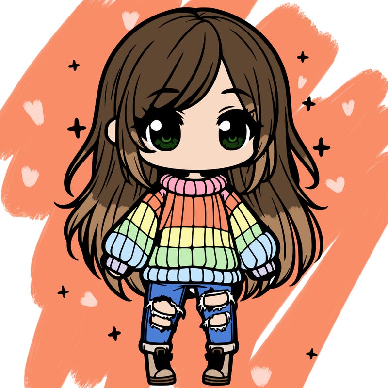 chibi girl with ripped jeans,long hair, and an oversized sweater