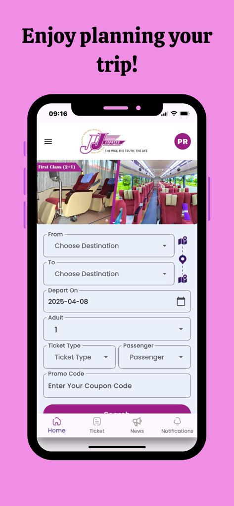 JJ Express Myanmar - JJ Express Myanmar app home screen featuring a bus ticket booking form and a preview of first-class bus seats.