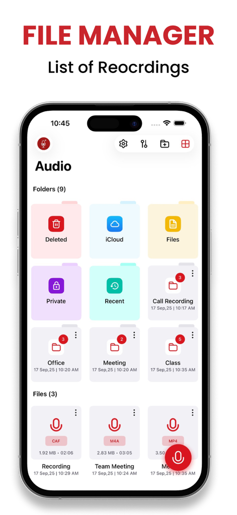 Pantalla del gestor de archivos de la aplicación Recorder Plus que muestra carpetas para grabaciones de voz organizadas