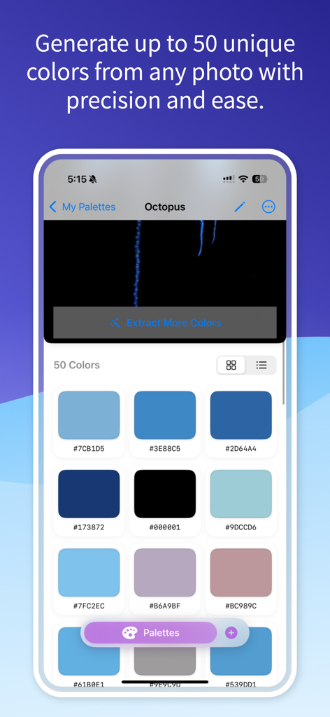 HueMate – Color Extractor - HueMate App-Oberfläche, die eine 50-Farben-Palette zeigt, die aus einem Bild mit Hex-Codes extrahiert wurde