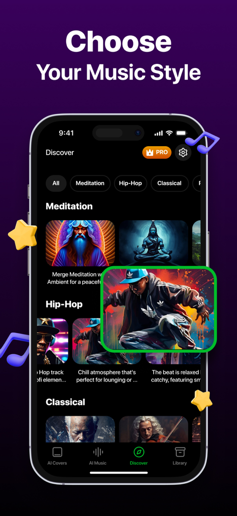 AI Music Maker Song Generator - Interface of the AI Music Maker app showing options to choose music styles like Hip-Hop and Meditation