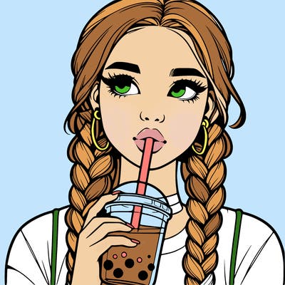 realistic girl with braided hair drinking boba
