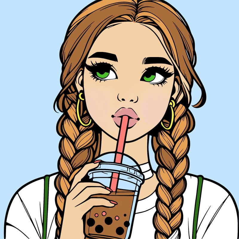 realistic girl with braided hair drinking boba