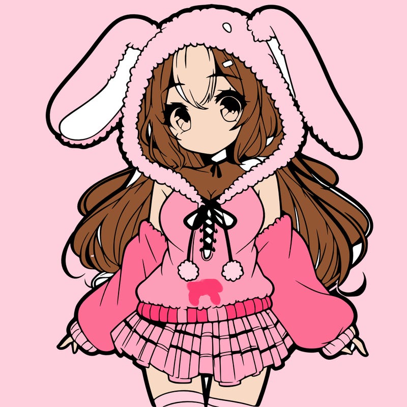 pretty anime girl wearing a fluffy hoodie with bunny ears on the hood and a skirt